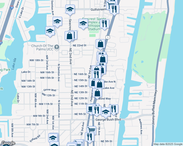 map of restaurants, bars, coffee shops, grocery stores, and more near 1600 North Federal Highway in Delray Beach