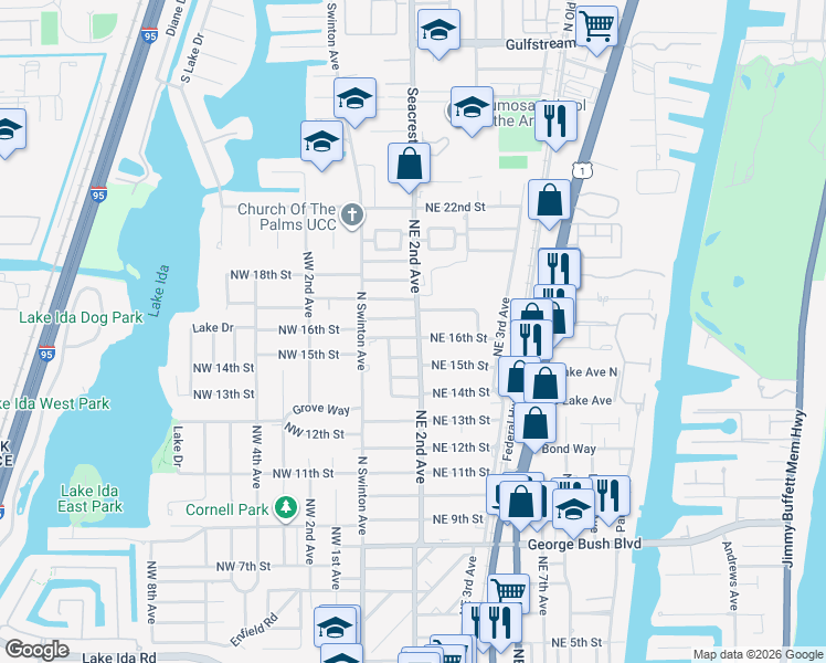 map of restaurants, bars, coffee shops, grocery stores, and more near 118 Northeast 16th Street in Delray Beach