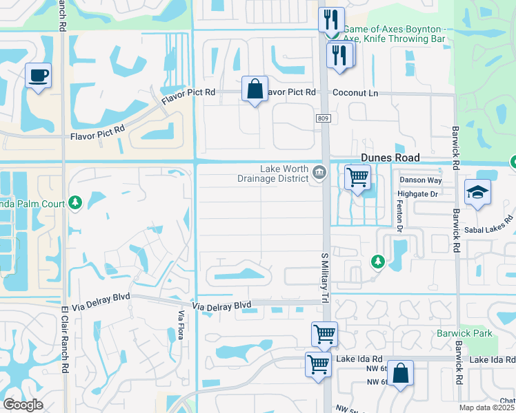 map of restaurants, bars, coffee shops, grocery stores, and more near 5263 Sunrise Boulevard in Delray Beach