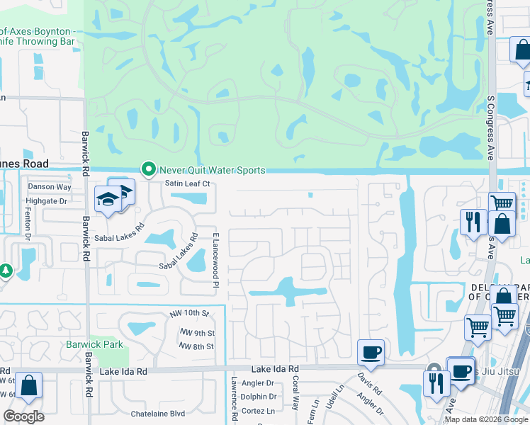 map of restaurants, bars, coffee shops, grocery stores, and more near 2845 Northwest 15th Street in Delray Beach