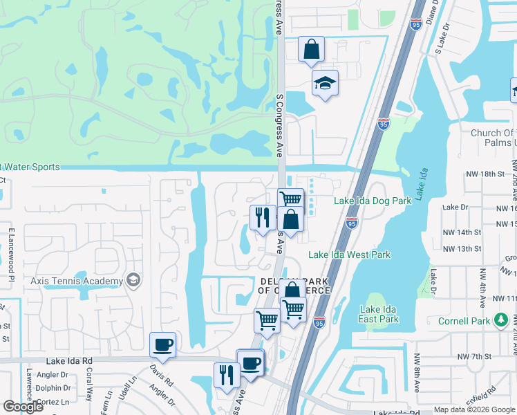 map of restaurants, bars, coffee shops, grocery stores, and more near 1551 Northwest 18th Avenue in Delray Beach
