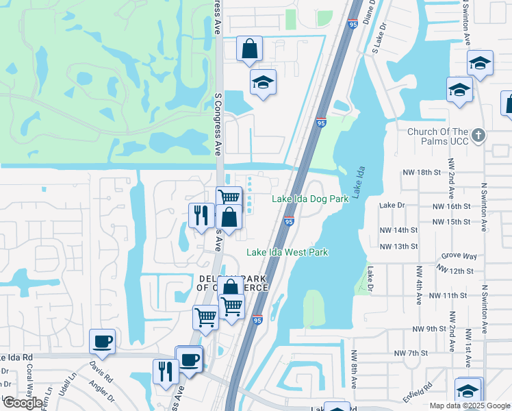 map of restaurants, bars, coffee shops, grocery stores, and more near 1801 North Congress Avenue in Delray Beach