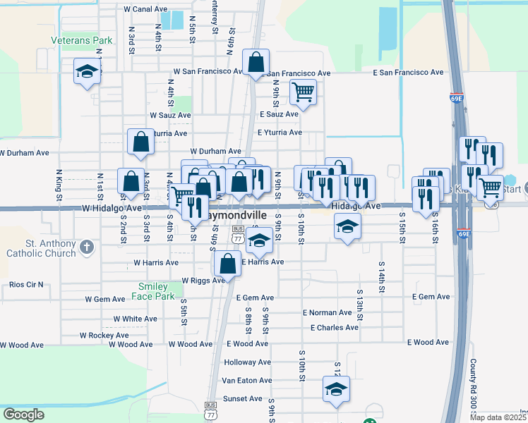 map of restaurants, bars, coffee shops, grocery stores, and more near 289 East Kimball Avenue in Raymondville