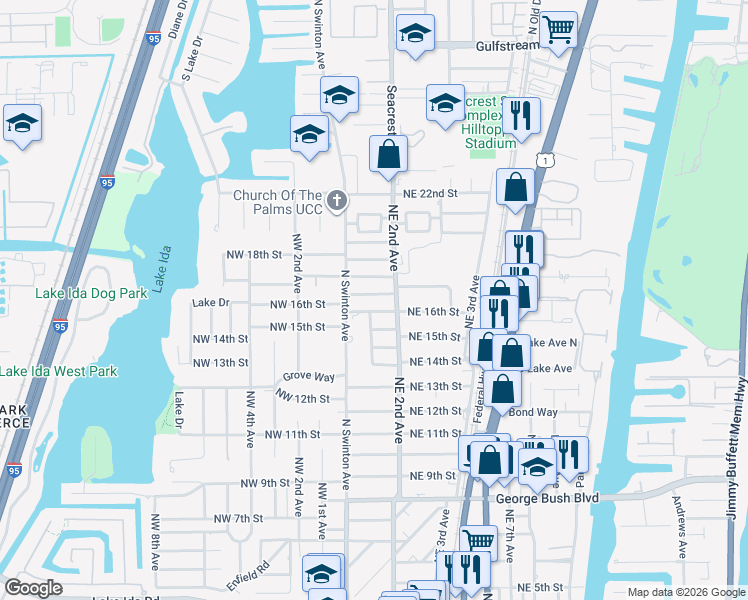 map of restaurants, bars, coffee shops, grocery stores, and more near 102 Northeast 16th Court in Delray Beach