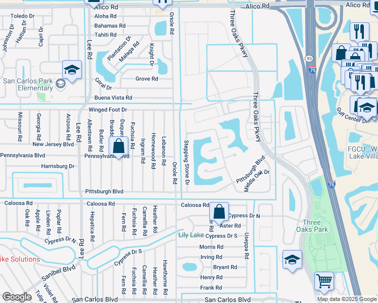 map of restaurants, bars, coffee shops, grocery stores, and more near 17441 Stepping Stone Drive in Fort Myers