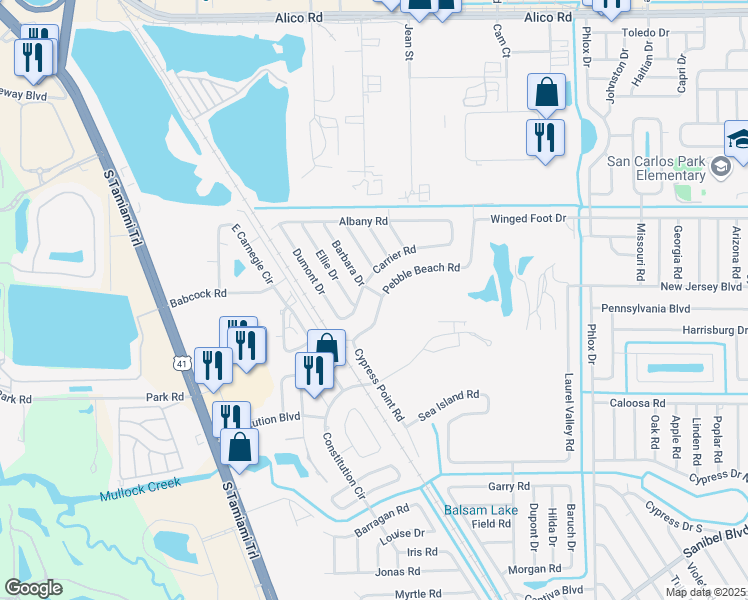 map of restaurants, bars, coffee shops, grocery stores, and more near 7321 Pebble Beach Road in Fort Myers