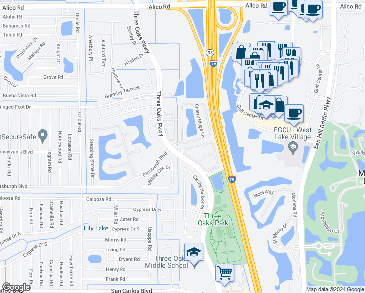 map of restaurants, bars, coffee shops, grocery stores, and more near 9509 Roundstone Circle in Fort Myers