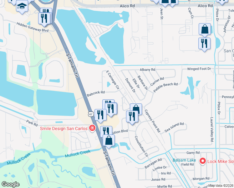 map of restaurants, bars, coffee shops, grocery stores, and more near 17434/36 East Carnegie Circle in Fort Myers