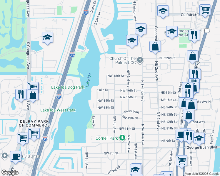 map of restaurants, bars, coffee shops, grocery stores, and more near 417 Lake Drive in Delray Beach