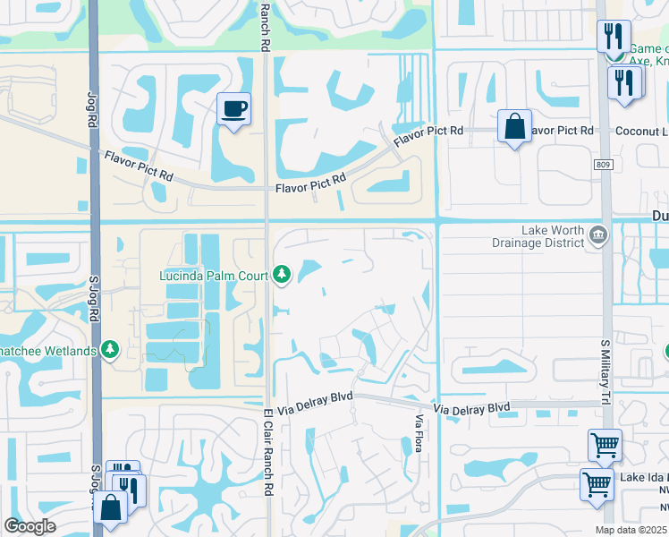 map of restaurants, bars, coffee shops, grocery stores, and more near 5810 Areca Palm Court in Delray Beach