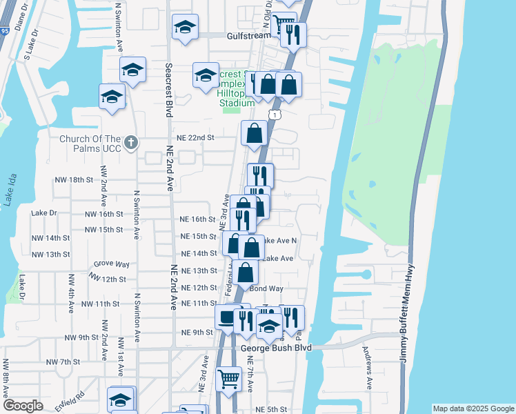 map of restaurants, bars, coffee shops, grocery stores, and more near 1651 North Federal Highway in Delray Beach
