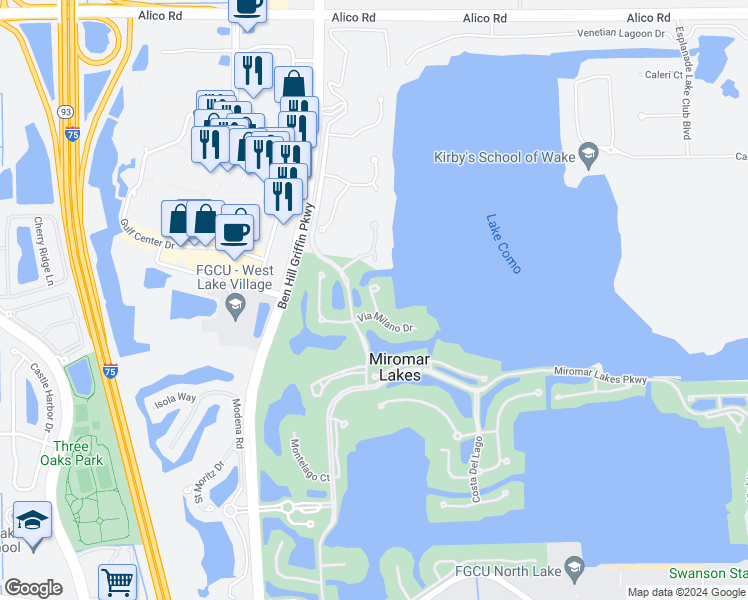 map of restaurants, bars, coffee shops, grocery stores, and more near Via Bella Acqua Court in Fort Myers