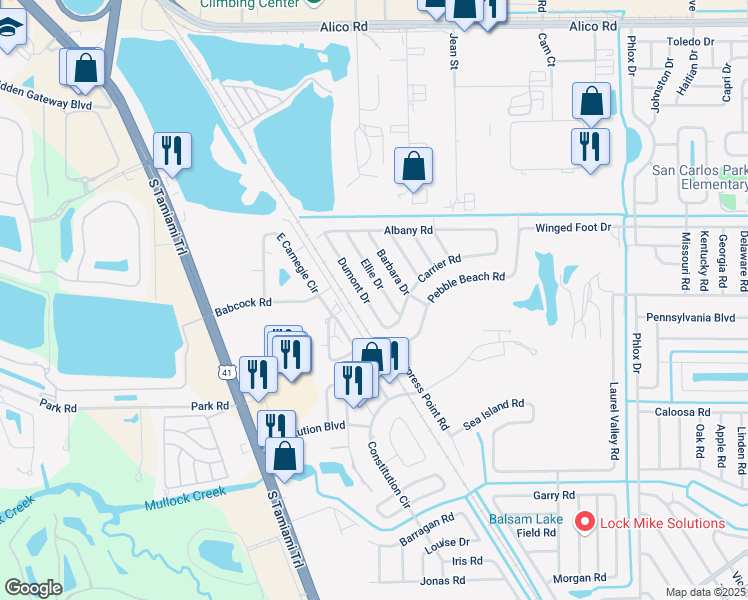map of restaurants, bars, coffee shops, grocery stores, and more near 17495 Dumont Drive in Fort Myers