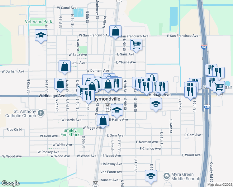map of restaurants, bars, coffee shops, grocery stores, and more near 205 East Hidalgo Avenue in Raymondville