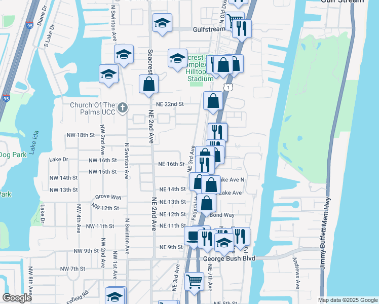 map of restaurants, bars, coffee shops, grocery stores, and more near 1638 Northeast 3rd Avenue in Delray Beach
