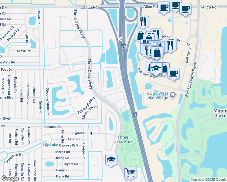 map of restaurants, bars, coffee shops, grocery stores, and more near 17583 Cherry Ridge Lane in Fort Myers