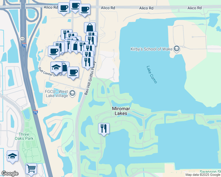 map of restaurants, bars, coffee shops, grocery stores, and more near 10511 Via Torino Way in Miromar Lakes