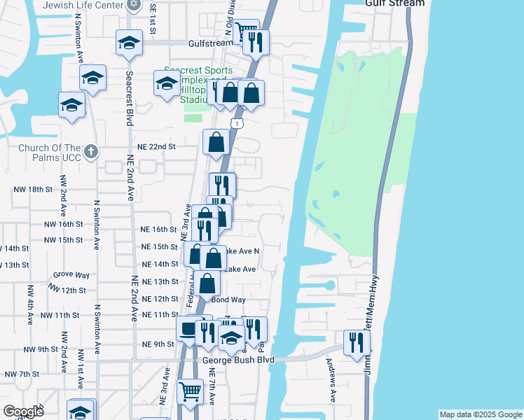 map of restaurants, bars, coffee shops, grocery stores, and more near 629 Allen Avenue in Delray Beach