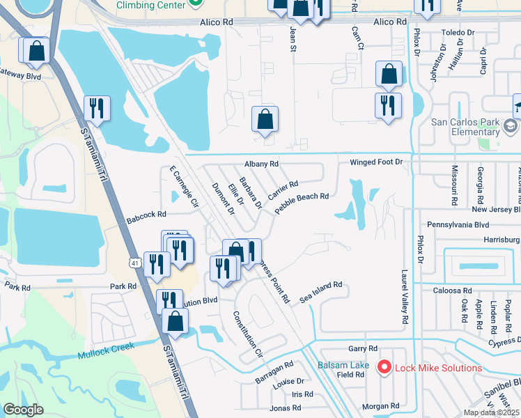 map of restaurants, bars, coffee shops, grocery stores, and more near 7427 Carrier Road in Fort Myers