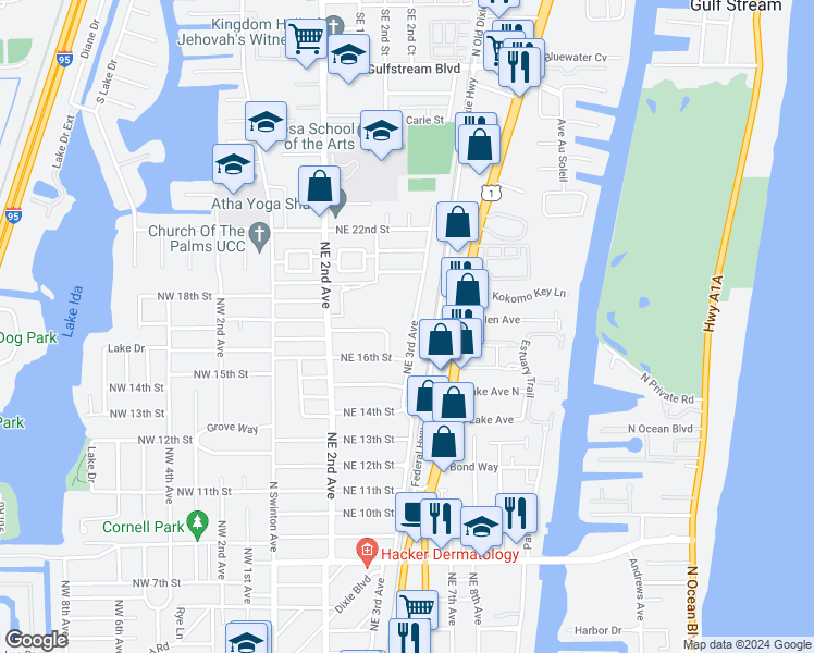 map of restaurants, bars, coffee shops, grocery stores, and more near 1646 Northeast 3rd Avenue in Delray Beach