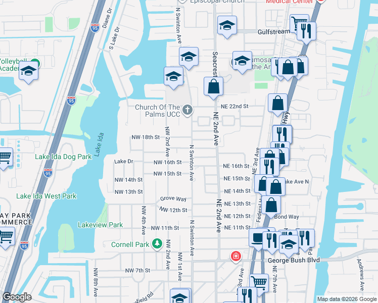 map of restaurants, bars, coffee shops, grocery stores, and more near 1627 North Swinton Avenue in Delray Beach