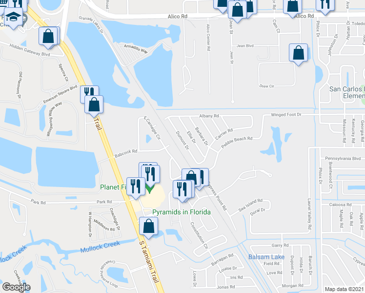 map of restaurants, bars, coffee shops, grocery stores, and more near 17464 Dumont Drive in Fort Myers