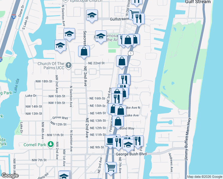 map of restaurants, bars, coffee shops, grocery stores, and more near 1643 Northeast 3rd Avenue in Delray Beach