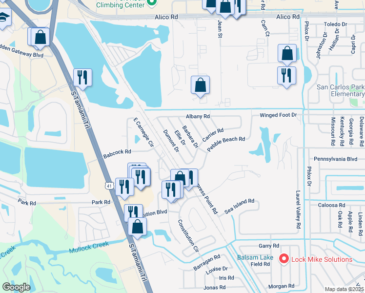 map of restaurants, bars, coffee shops, grocery stores, and more near 17456 Ellie Drive in Fort Myers