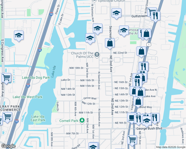 map of restaurants, bars, coffee shops, grocery stores, and more near 15 Northwest 17th Court in Delray Beach