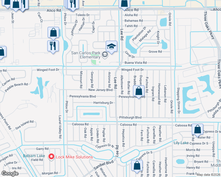map of restaurants, bars, coffee shops, grocery stores, and more near 17448 Lee Road in Fort Myers