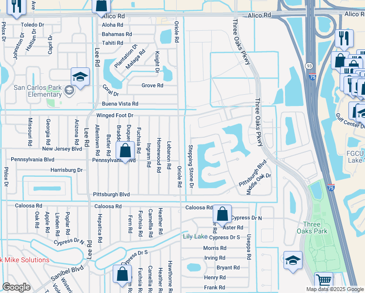 map of restaurants, bars, coffee shops, grocery stores, and more near 17445 Oriole Road in Fort Myers