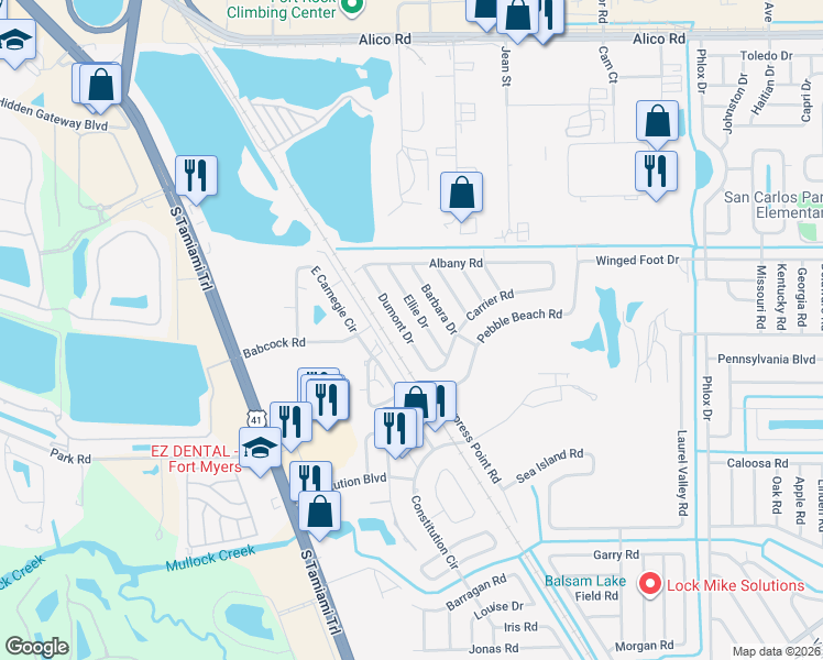 map of restaurants, bars, coffee shops, grocery stores, and more near 17456 Ellie Drive in Fort Myers