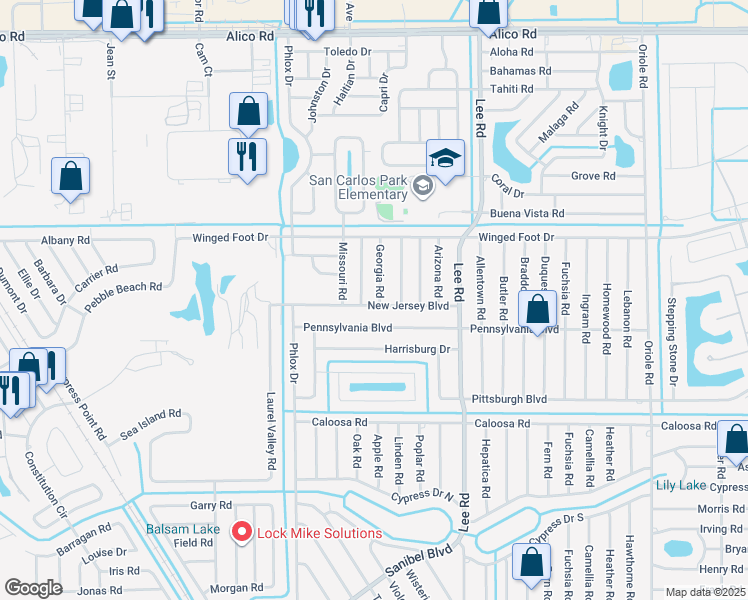 map of restaurants, bars, coffee shops, grocery stores, and more near 17448 Georgia Road in Fort Myers