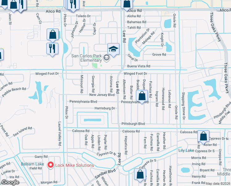 map of restaurants, bars, coffee shops, grocery stores, and more near 17448 Lee Road in Fort Myers