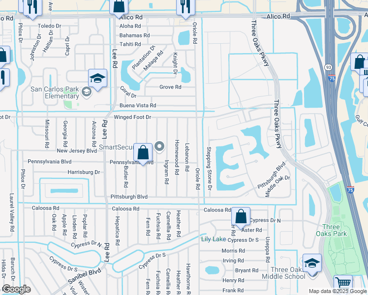 map of restaurants, bars, coffee shops, grocery stores, and more near 17440 Lebanon Rd in Fort Myers