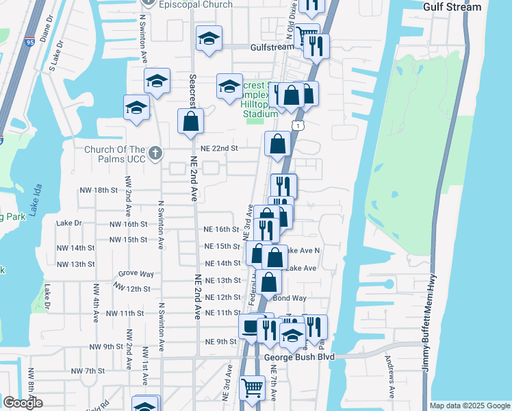 map of restaurants, bars, coffee shops, grocery stores, and more near 1651 Northeast 3rd Avenue in Delray Beach