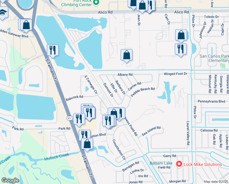 map of restaurants, bars, coffee shops, grocery stores, and more near 17456 Ellie Drive in Fort Myers