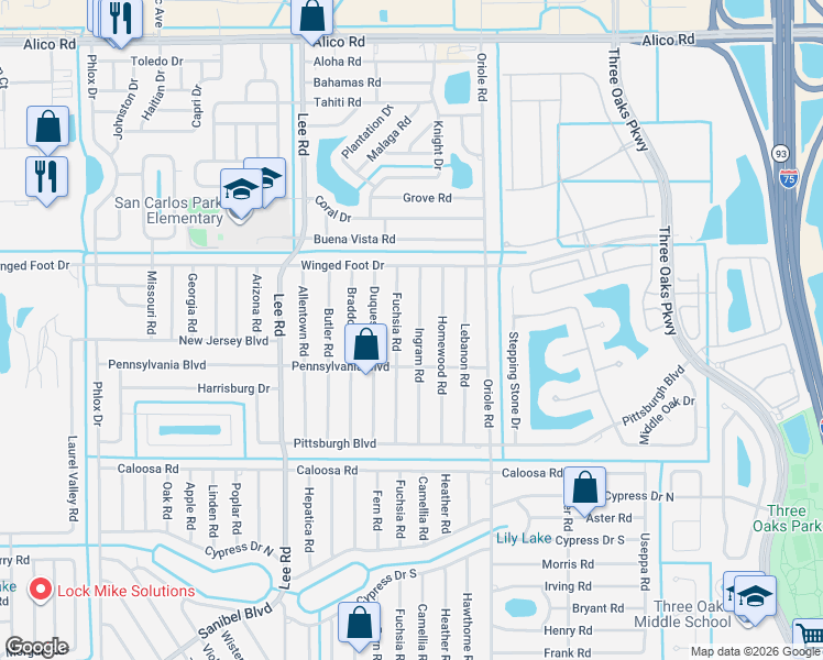 map of restaurants, bars, coffee shops, grocery stores, and more near 17441 Ingram Road in Fort Myers