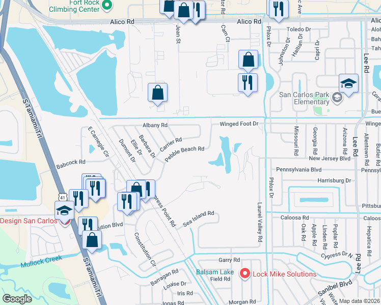 map of restaurants, bars, coffee shops, grocery stores, and more near 7404/7408 Pebble Beach Road in Fort Myers