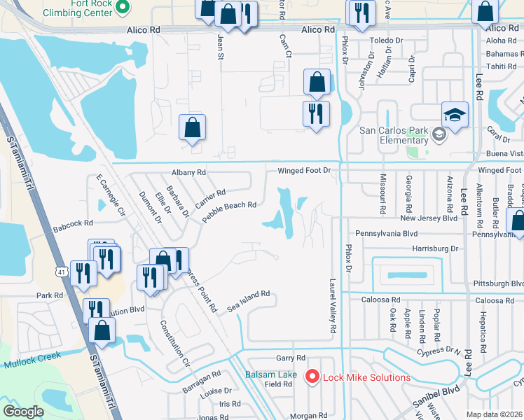 map of restaurants, bars, coffee shops, grocery stores, and more near 7452 Pebble Beach Road in Fort Myers