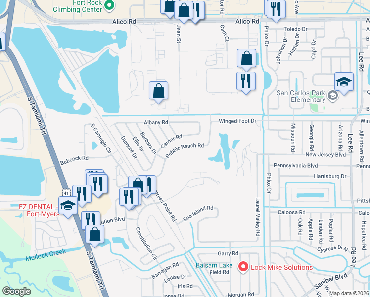 map of restaurants, bars, coffee shops, grocery stores, and more near 7392 Pebble Beach Road in Fort Myers