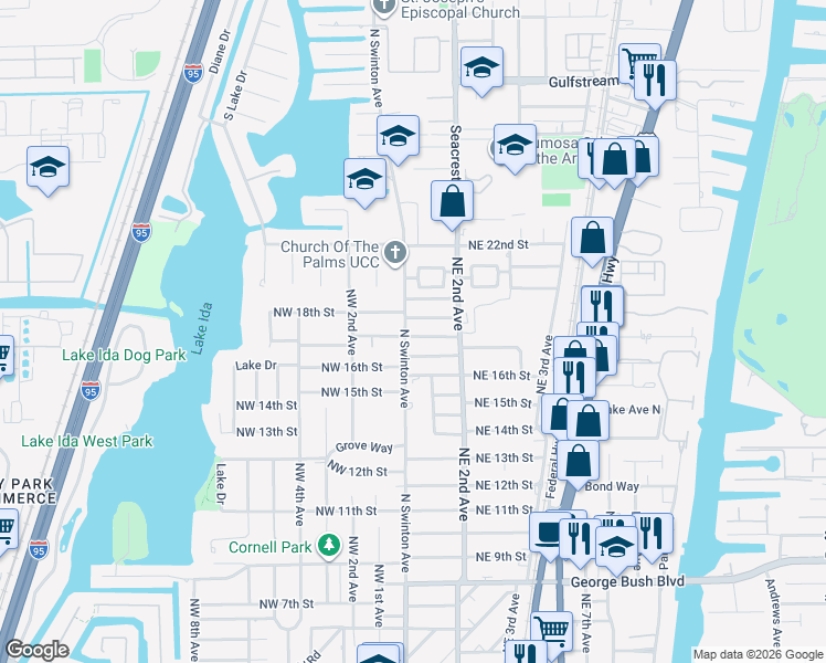 map of restaurants, bars, coffee shops, grocery stores, and more near 1701 North Swinton Avenue in Delray Beach