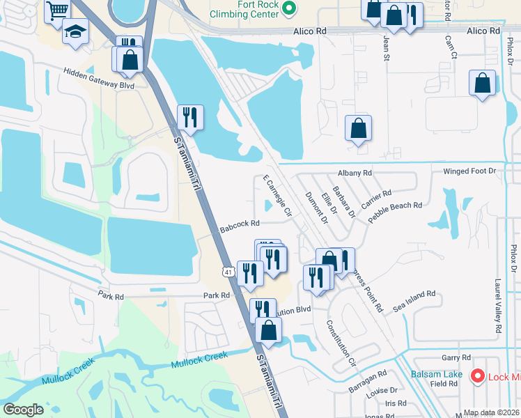 map of restaurants, bars, coffee shops, grocery stores, and more near 17435 West Carnegie Circle in Fort Myers