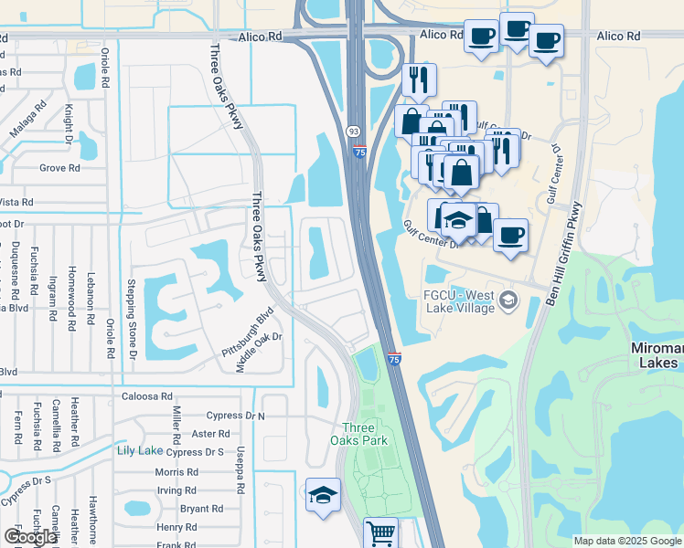 map of restaurants, bars, coffee shops, grocery stores, and more near 17583 Cherry Ridge Lane in Fort Myers