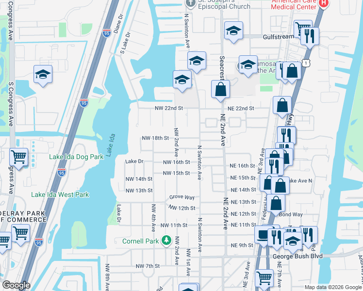 map of restaurants, bars, coffee shops, grocery stores, and more near 15 Northwest 17th Court in Delray Beach