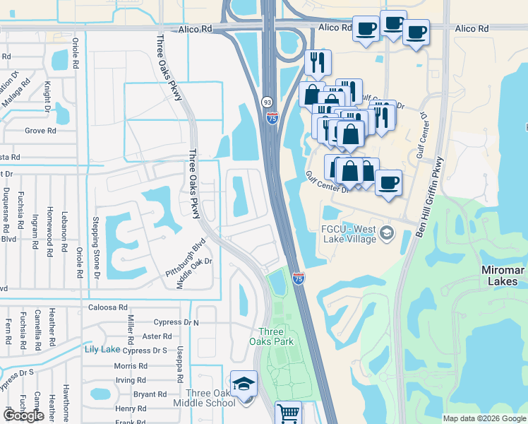 map of restaurants, bars, coffee shops, grocery stores, and more near 17583 Cherry Ridge Lane in Fort Myers