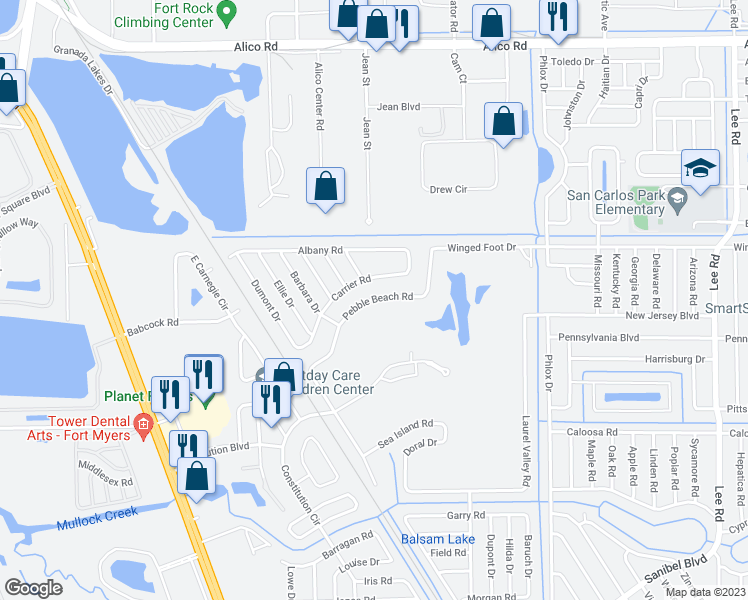 map of restaurants, bars, coffee shops, grocery stores, and more near 7382 Pebble Beach Road in Fort Myers