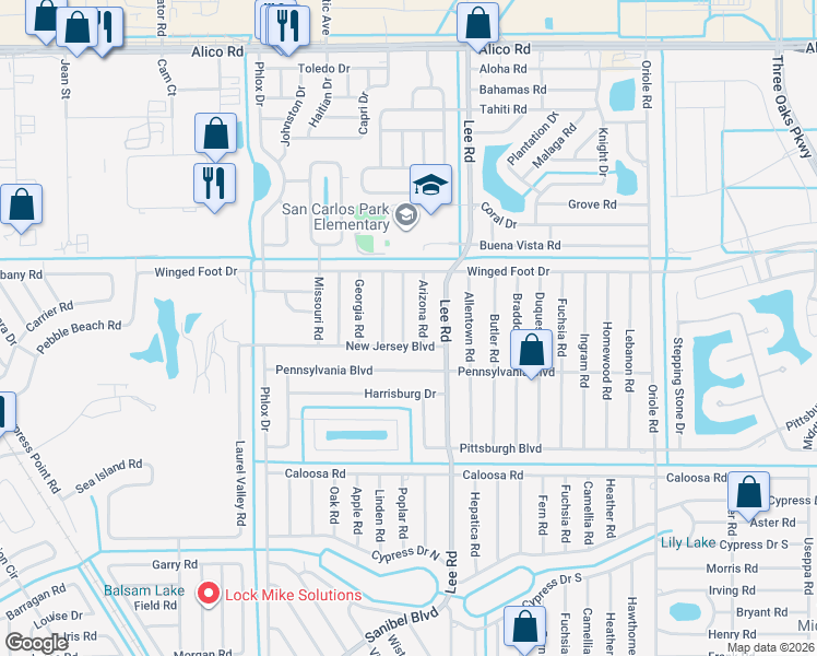 map of restaurants, bars, coffee shops, grocery stores, and more near 17448 Connecticut Road in Fort Myers