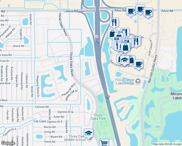 map of restaurants, bars, coffee shops, grocery stores, and more near 17583 Cherry Ridge Lane in Fort Myers