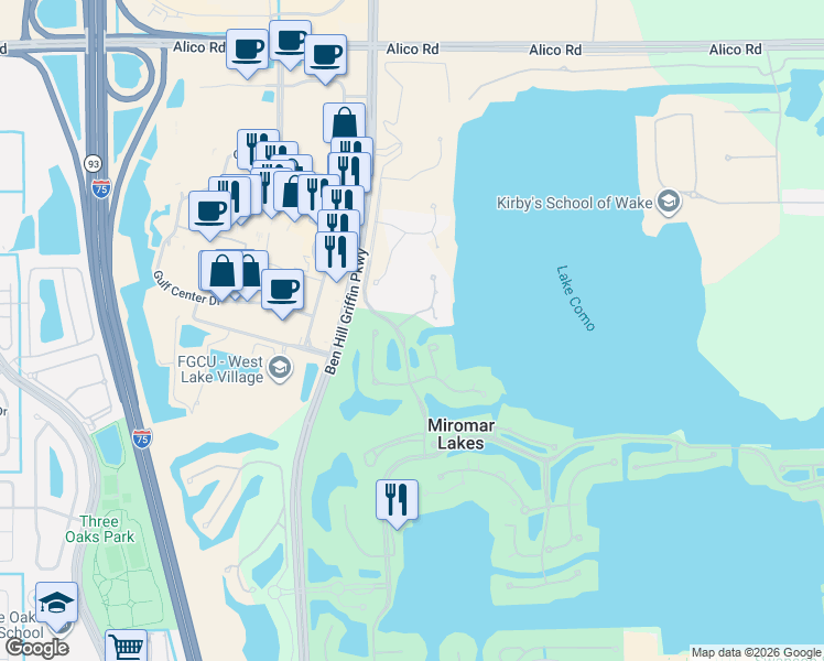 map of restaurants, bars, coffee shops, grocery stores, and more near 10511 Via Torino Way in Miromar Lakes